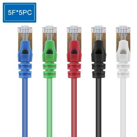 TecBillion Cat7 Shielded Ethernet Patch Cable - RJ45 Computer Networking Cord/Internet Cable, Premium/ Fast Speed(1000 MHz/10Gbps)/Stabilized Transmitting, 5 Color (Black/Blue/Red/Green/White), 5 Feet