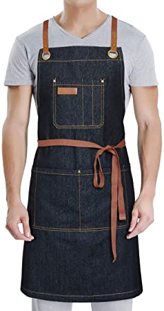 DingSay Trendy Professional Apron with Convenient Pockets for Men Women, for Chef Grill BBQ Cooking Hairstylist Painting, Leather Cross Back Straps & Adjustable S to XXL (Black Denim 2#)