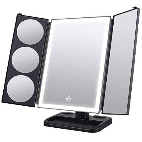 SOLVE Makeup Mirror with Lights, 32 superfire LED light strips Vanity Mirror with 1x 2x 3x 5x Magnification, 180 and 90 Rotation,Touch Screen Switch, Dual Power Supply, Black