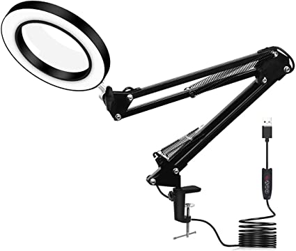 LED Magnifying Lamp,Adjustable 5X Magnifier Desk Lamp with 3 Colors 4.13" Diameter Glass USB Magnifying Lamp with Adjustable Swivel Arm for Reading/Office/Workbench.