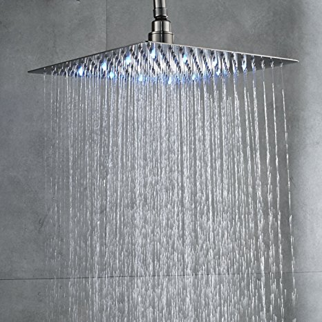 Rozin Bath Replacement Rainfall Shower Head LED Light 12-inch Ultrathin Overhead Spray Brushed Nickel