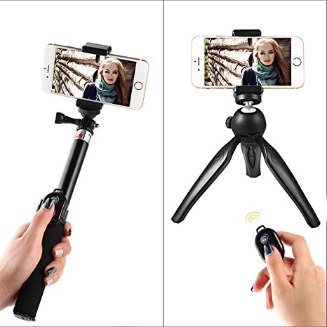 WiHoo Selfie Stick With Tripod Mount Adapter And Bluetooth Remote Control For Gopro/Camera/iPhone 5/6/7 Plus/Samsung Smartphone(5-in-2 Kit/Accessories For Gopro, Cellphone,Camera)