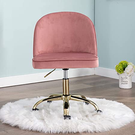 Adjustable Round Back Office Chair, Velvet Makeup Stool, Pneumatic Rolling Swivel Armless Task Chair with Gold Plating Base (Dusty Rose Pink)