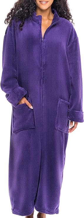 Alexander Del Rossa Women's Zip Up Fleece Robe, Soft Warm Plush Oversized Zipper Bathrobe