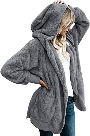 Womens Fuzzy Jacket Hooded Cardigan Open Front Sherpa Coat Outwear with Pockets