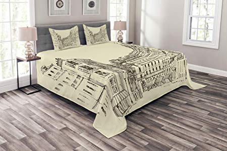 Ambesonne Paris Bedspread, Hand Drawn Buildings of France European Classic Architecture Design Urban Design, Decorative Quilted 3 Piece Coverlet Set with 2 Pillow Shams, Black and Cream