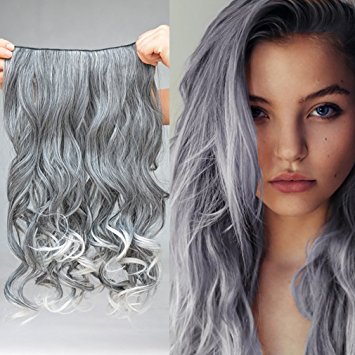 REECHO 20" 1-Pack 3/4 Full Head Curly Wave Grandma Hair Color Clips in on Synthetic Hair Extensions Hairpieces for Women 5 Clips 4.6 Oz per Piece - Silver Grey mixed Black