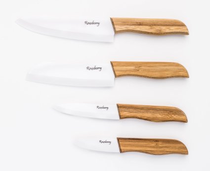 Rouxberry Premium-8pc-Ceramic Knife Set with Crafted Anti-bacterial Bamboo Handles-Magnetic Gift Box-Black Sheaths-Pure White Blades