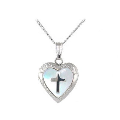 Child Jewelry - Silver Mother of Pearl Cross Heart Locket Necklace (15-in)