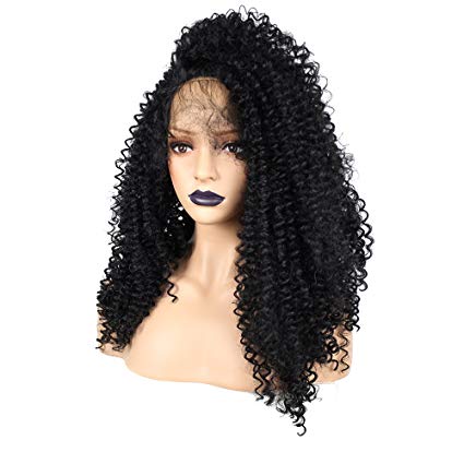 Anogol Hair Cap Black Kinky Hair Curly Wigs Synthetic Lace Front Wig Long Bouncy Curls Heat Resistant For Women Fancy Dress