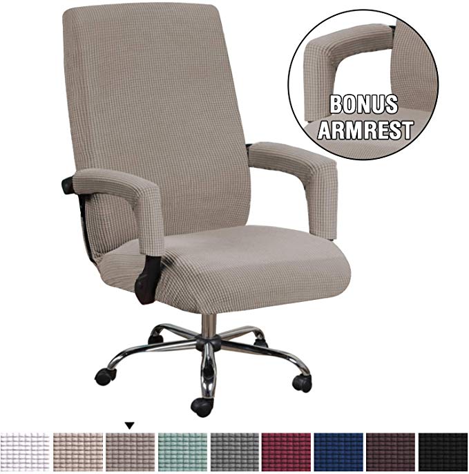 H.VERSAILTEX Office Chair Cover Extra Large Modern Simplism Style Chair Covers Spandex Jacquard Checked Pattern Office Computer Stretchable Rotating Chair Cover with Armrest Covers, Large, Taupe