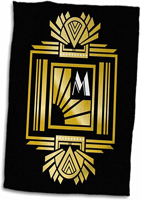 3D Rose Art Deco Monogram Letter M-Gold Effect and White On Black Background Hand Towel, 15" x 22", Multicolor