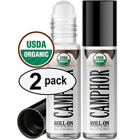 Organic Camphor Roll On Essential Oil Rollerball (2 Pack - USDA Certified Organic) Pre-diluted with Glass Roller Ball for Aromatherapy, Kids, Children, Adults Topical Skin Application - 10ml Bottle