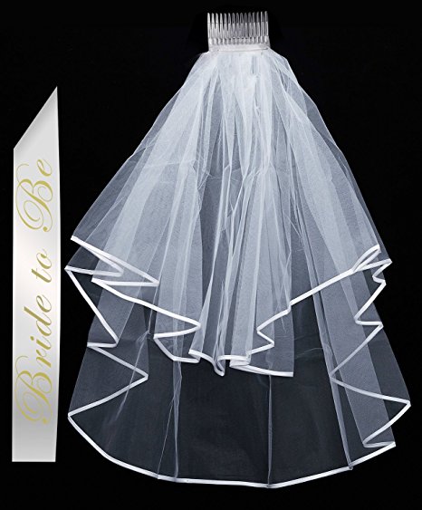 Classic White Wedding Veil with a Transparent Comb & Gold Bride to Be Satin Sash Kit as an idea for Inspired Bachelorette Night Party - Kape