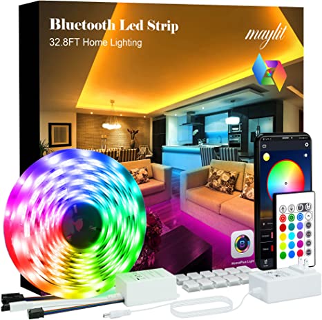 maylit Led Strip Lights, 32.8ft Bluetooth APP Controller RGB LED Light Strip, 5050 LEDs Music Sync Color Changing LED Strip Lights Kit with Remote and 12V Power Supply for Bedroom, Room, Home Decoration