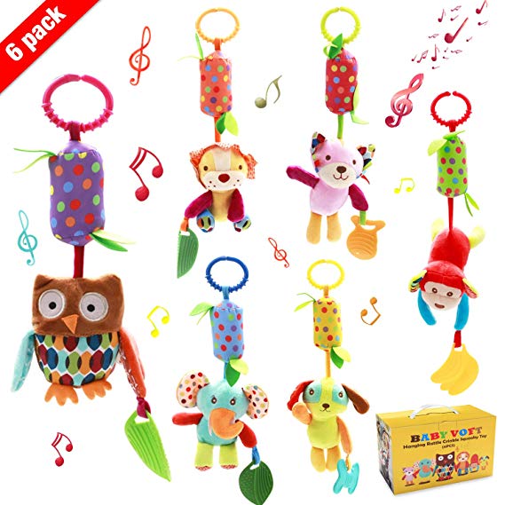 Baby Hanging Rattle Toys, 6 Pack Soft Hanging Crinkle Squeaky Sensory Educational Toy for 0 3 6 to 12 Months, Infant Animal Wind Chime with Teethers for Toddlers/Baby Girls/Baby Boys