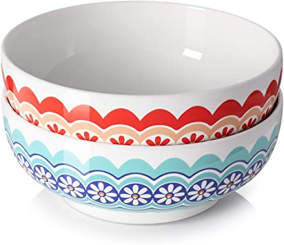 DOWAN 2.8 Quarts Large Serving Bowls for Salad, Pasta, Soup, set of 2, White Colorful, 9 Inch