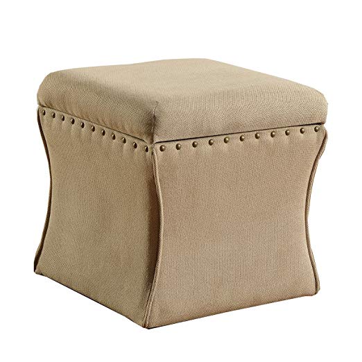 HomePop K4710-F696 Cinched Curved Square Storage Ottoman with Nailhead Trim, 16.75" x 16.75" x 17", Tan