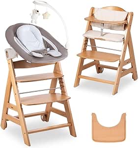 hauck Chaise Haute Bébé Beta Newborn Set Deluxe - Évolutive dès Naissance avec Transat Nouveau-Né Inclinable, Plateau Repas, Coussin - Naturel Sable