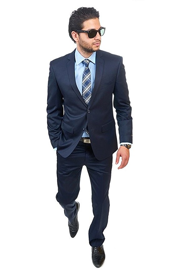 Slim Fit Men Suit 2 Button Navy Blue Notch Lapel Flat Front Pants By Azar Man