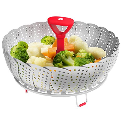 Vremi Collapsible Vegetable Steamer Basket for Large and Small Pan - 100% Stainless Steel - Round Steaming Tray Fits Instant Pot Electric Pressure Cooker - Extendable Handle and Silicone Feet - Red