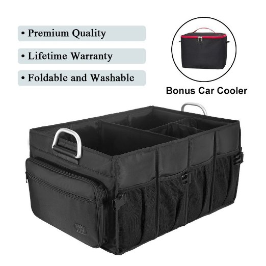 MIU COLOR® Foldable Cargo Trunk Organizer - High Quality Big Capacity Washable Storage with Metal Handles - Bonus Car Cooler - Black