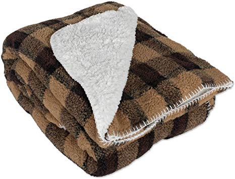 Jacquard Check Plaid Sherpa Fleece Throw Blanket 50x60, Reversible Fuzzy Soft Warm Breathable Fluffy for Bed, Chair, Couch, Picnic, Camping, Beach, Travel-Brown