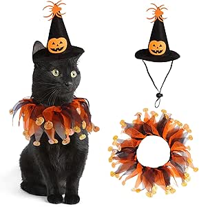 Cat Witch Halloween Costume Suit, Hmxpls Small Dogs & Cats Tutu Collar and Witch Pumpkin Hat Cute Costume Suit Kitten Outfit Clothing for Birthday Party Thanksgiving Christmas Holiday