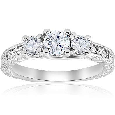 1ct Vintage Diamond Three Stone Engagement Ring 14K White Gold