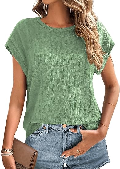 Dokotoo Tops for Women Trendy Summer Casual Cap Short Sleeve Basic Textured Solid Color Round Neck T Shirts Blouse