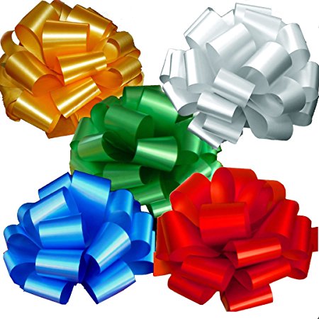 Gold, White, Green, Blue, Red Pull Bows for Large Christmas Gifts - 9" Wide, Set of 5