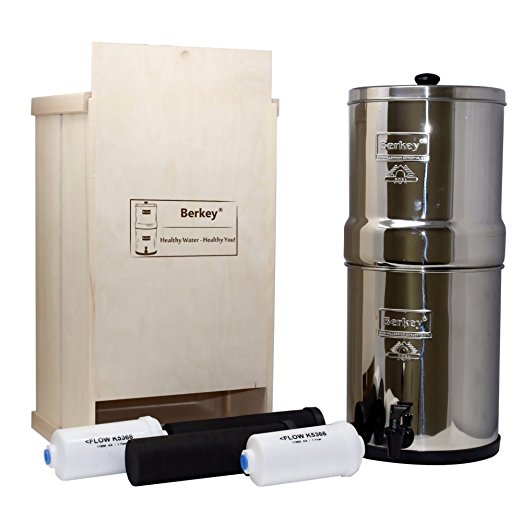 Berkey Water Filter Bundle with Black BB9 Purifiers, Fluoride Filters, Wood Storage Box