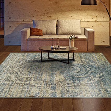 Superior Area Rug 9' x 12' 10mm Pile Height with Jute Backing, Woven Fashionable and Affordable Salford Collection, Blue-Beige