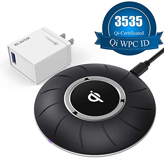 BLAVOR Qi Certified Wireless Charger, Fast Wireless Charging Pad 10W/7.5W/5W Fast Charger for iPhone X/8/8plus XS/XS Max/XR and All Qi-Enabled Devices(QC 3.0 AC Adapter Included) (Wireless Charger-1)