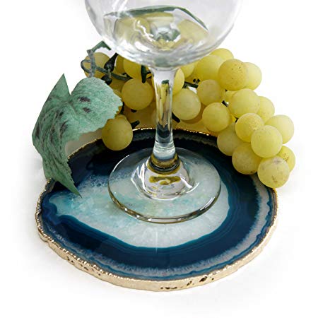 The Royal Gift Shop Authentic Brazilian Agate Slice with 24K Gold Plated Rim - Protective Rubber Bumpers Included. Teal (5"-6")