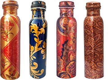 AYUR PATRA Combo Pack of Pure Copper Modern Art Printed and Outside Lacquer Coated Bottle, Travelling Purpose, Yoga Ayurveda Healing, 1000 Ml Set of 4