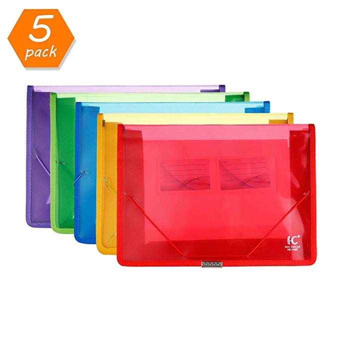 HC Eco-Friendly Plastic File Folders, Expandable Poly Envelope File Wallet File Document folder with Elastic Cord Closure and Card Slot,Durable&Waterproof for Office Home School Organization -5 Colors