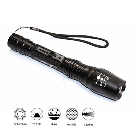 Bodyguard Premium Outdoor Tactical LED Torch Light, Ultra Bright 1200 Lumen CREE LED Flashlight with Clip, 5-Mode Adjustable Focus - Zoomable, Lotus Attack Head, IPX-6 Waterproof, Powered by 18650 Batteries (Not included)