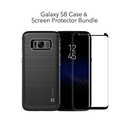 Samsung Galaxy S8 Case with Tempered Glass Screen Protector, Ubittek Resilient Shock Absorption and Carbon Fiber Design Case with [3D Curved Glass] [Tempered Glass] Screen Protector (Black)