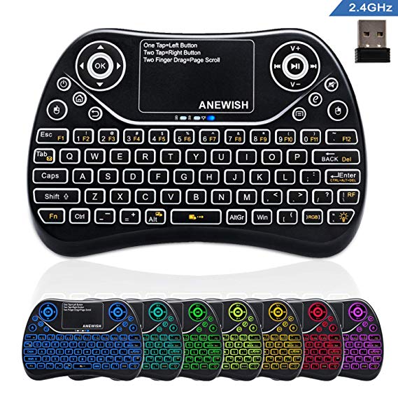 ANEWISH 2.4GHz Wireless Mini Keyboard Backlit RGB 7 Color with Touchpad Mouse Combo, Rechargable Compatible with PC,HTPC,Tablet,Smart TV,Projector,Android TV Box