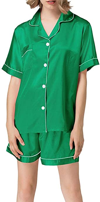 NANJUN Women's Satin Pajamas Sleepwear Long and Short Button-Down Pj Set