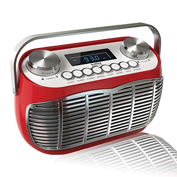 Detroit | FM/AM Radio Alarm Clock Bedside Mains Powered Or Battery FM Retro Radio with LCD Display Clock Radio (Red)
