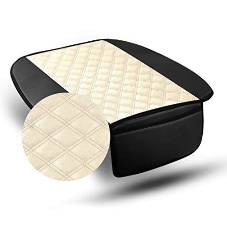 PU211102 Faux Leather Seat Cushion Pad with Front Pocket, Beige Color- Fit Most Car, Truck, SUV, or Van