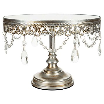 Anastasia Collection Antique Silver 10 Inch Mirror Cake Stand with Crystals, Round Wedding Dessert Cupcake Pedestal