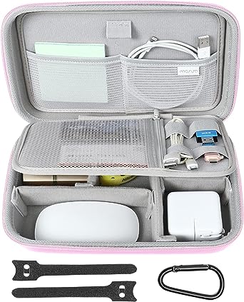 MOSISO Electronic Organizer Travel Case Compatible with MacBook Power Adapter, Compatible with Magic Mouse & Pencil, SD Card, USB Flash Disk with 4 Modular Insert & 2 Cable Tie & Snap Hook, Pink