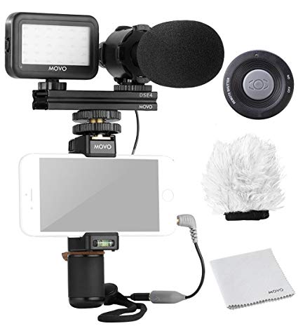 Movo Smartphone Video Kit V7 Grip Rig, Pro Stereo Microphone, LED Light & Wireless Remote iPhone 5, 5C, 5S, 6, 6S, 7, 8, X, XS, XS Max, Samsung Galaxy, Note & More