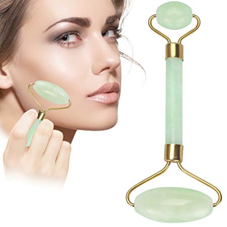 Rose Jade Roller for Face 100% 100% Natural Quartz Anti-aging Massage Roller wiith Gua SHA Scraping Massage Tool Set for Slimming Healing Rejuvenation & Beauty. (Green)