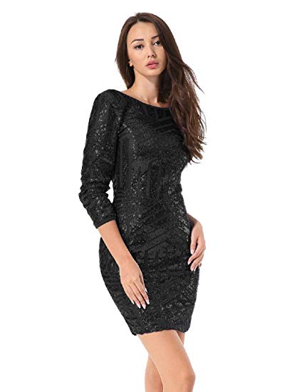 Hiistandd Women Sequin Glitter Long Sleeve Round Neck Backless Bodycon Stretchy Party Dress