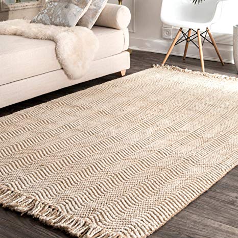 nuLOOM Natura Collection Don Jute with Fringe Solid and Striped Natural Fibers Hand Made Area Rug, 5-Feet by 8-Feet, Natural