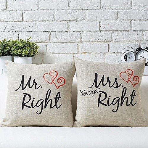 Uphome Couples Pillow Covers Mr. and Mrs Right Decorative Cotton Linen Throw Pillow Covers/Cushion Cases Lumbar Pillowcases Set of -2 for 18-inch (heart)